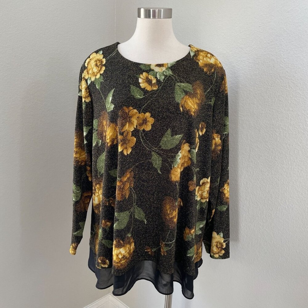 Susan Graver Womens Plus 3XP Floral‎ Metallic Tunic Top Long Sleeve Shirt